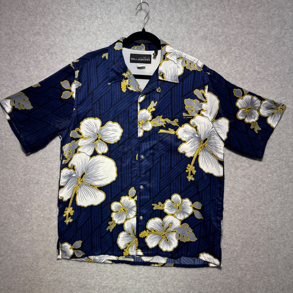 Billabong Mens‎ Hibiscus Floral Button Down Shirt Navy Blue M5017PAR Size M
